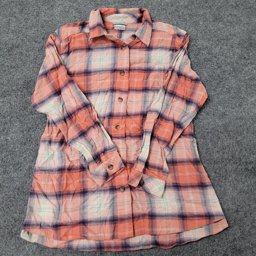 Columbia Button Up Shirt Womens Size L Pink Plaid Cotton Long Sleeve Outdoor